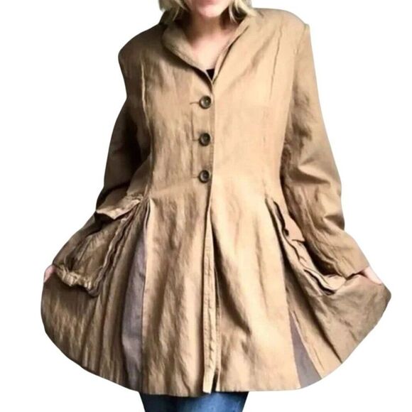 CAbi Sz XS Treasure Hunter Brown Flared Long Button Trench Coat Womens Jacket - Picture 2 of 11